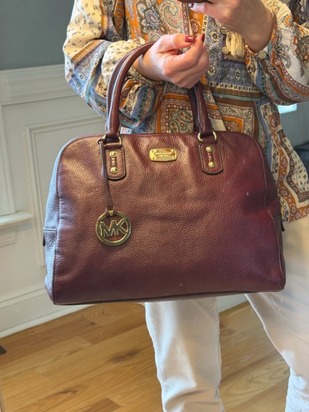Michael Michael Kors Y2K Pebbled Leather Satchel Crossbody Purple/Gold (GUC) - Picture 14 of 17